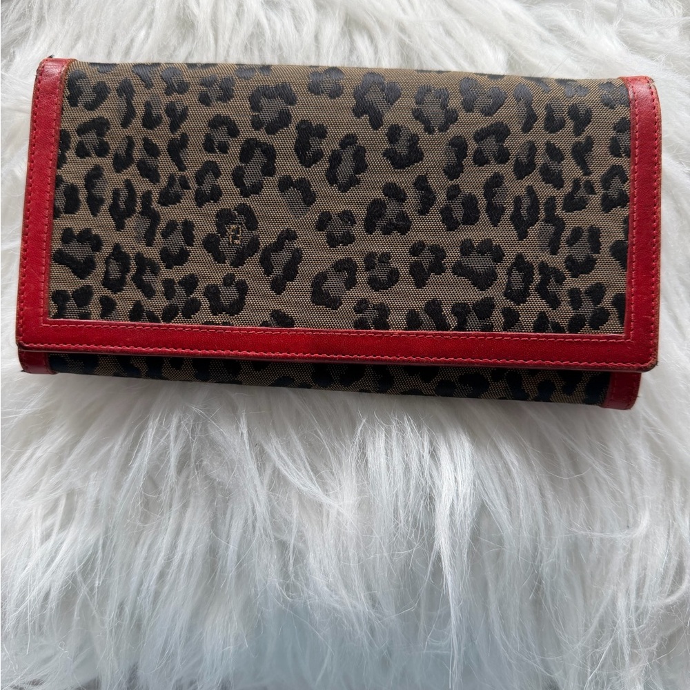 Rare Vintage Fendi Leopard Print Fold-Over Wallet with Red Trim
